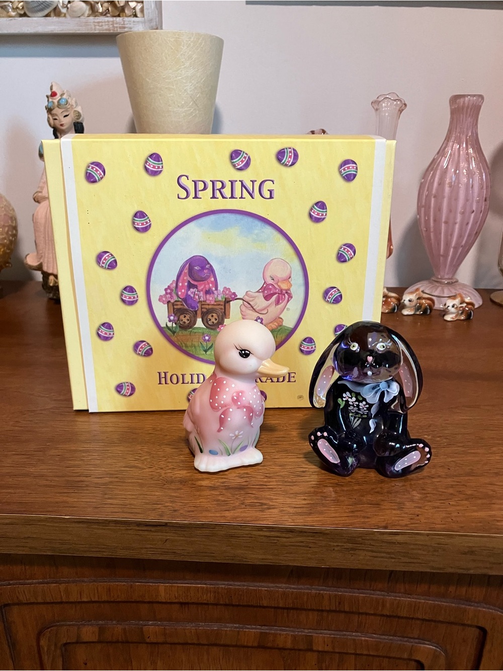 Fenton Spring Holiday Parade Burmese Duck & Lop Earred Bunny Figurines
